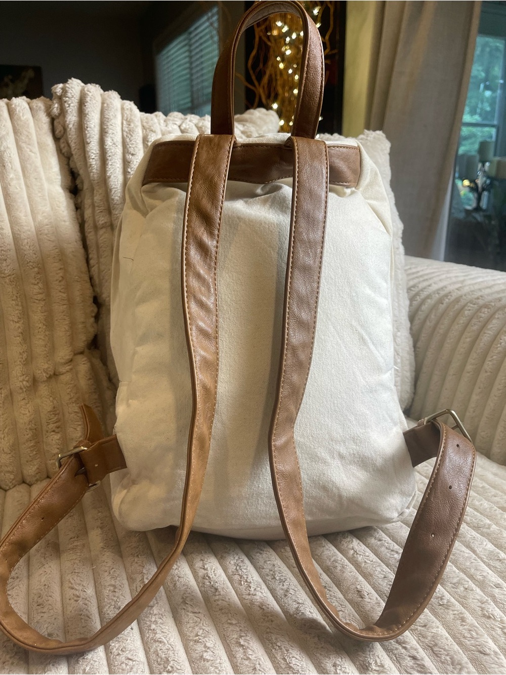 Canvas Backpack Cream White Brown Faux Leather Trim Travel School Bag - Picture 4 of 8